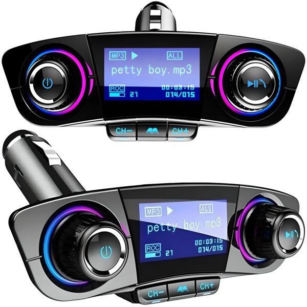 8-in-1 Bluetooth automašīnas FM raidītājs TF/SD LCD cigarešu šķiltavas ligzdai