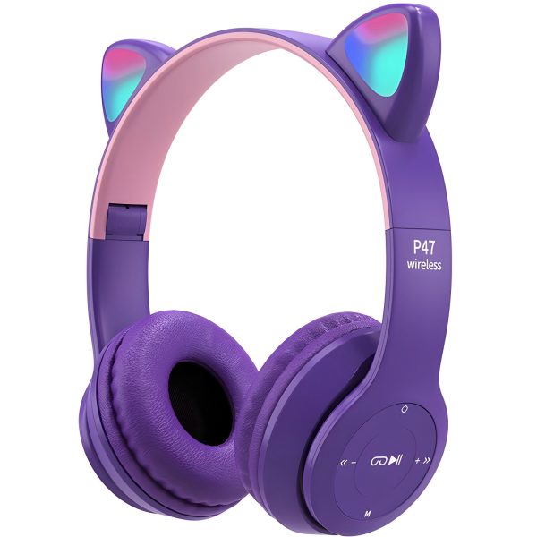 Bezvadu austiņas bērniem FM Bluetooth mirdzošas LED SD kaķis - violetas