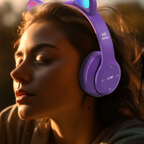 Bezvadu austiņas bērniem FM Bluetooth mirdzošas LED SD kaķis - violetas