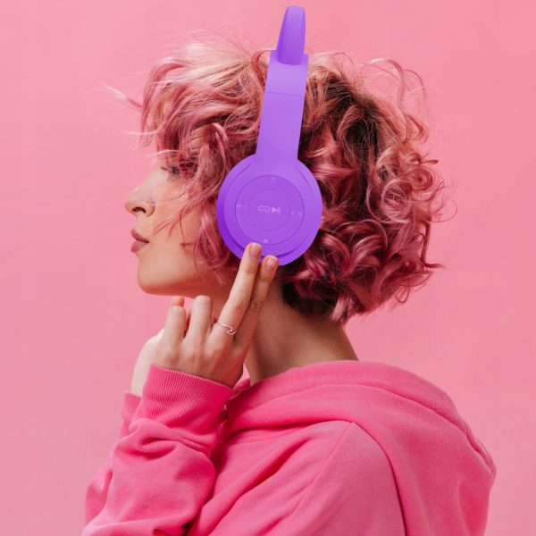 Bezvadu austiņas bērniem FM Bluetooth mirdzošas LED SD kaķis - violetas