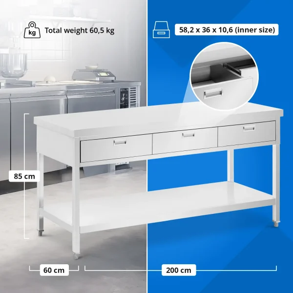 Galds, darba virsma, 3 atvilktnes, plaukts, TĒRAUDS, 200 x 60 cm