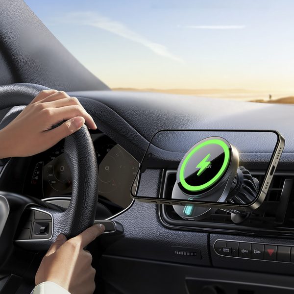 Magnētiskais tālruņa turētājs ar 15 W induktīvo lādētāju gaisa ventilācijas atverei - melns