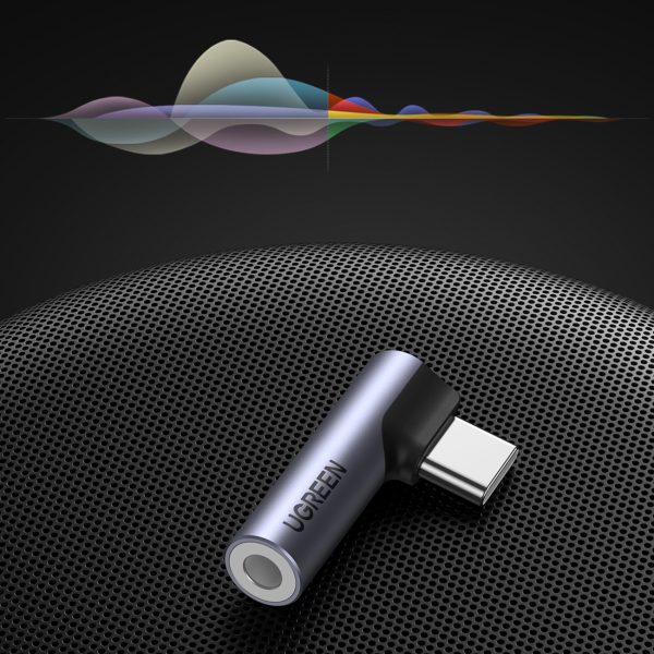 USB-C (vīriešu) - 3,5 mm miniligzda (sieviešu) leņķiskais audio adapteris - pelēks