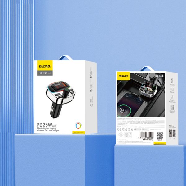 R2PRO+ automašīnas raidītājs ar PD 25W uzlādes portiem Bluetooth 5.3 RGB - melns un sudrabs