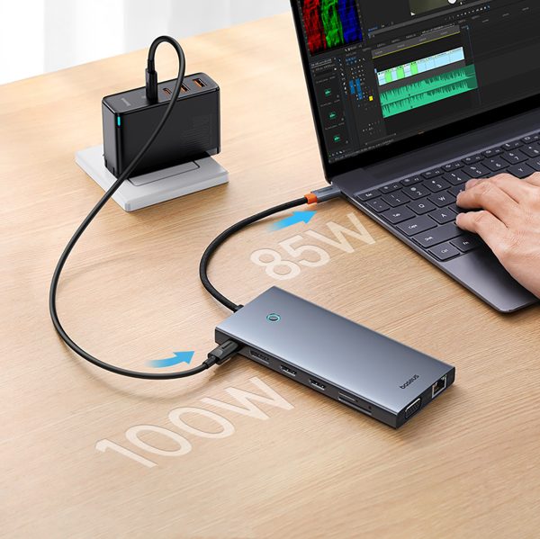 13w1 centrmezgla adapteris PortalJoy sērija USB-C HDMI DP VGA USB-A PD RJ45 SD TF AUX - szary
