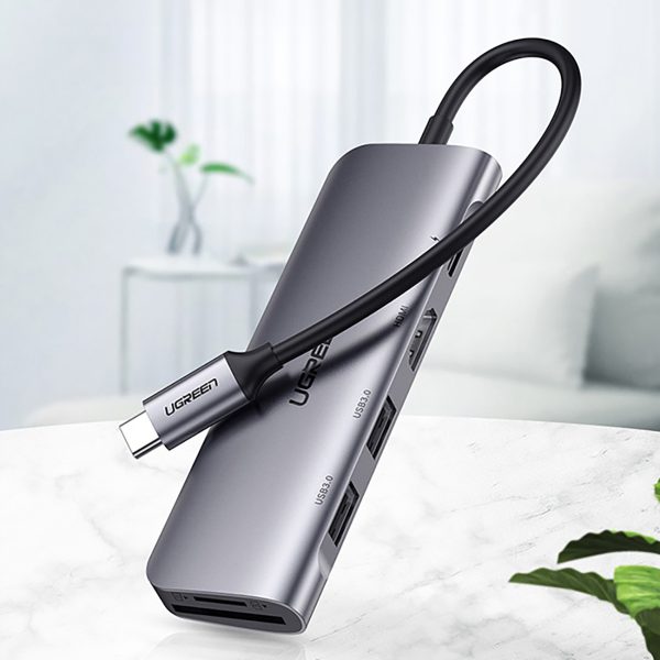 6in1 centrmezgla adapteris USB-C - HDMI USB-A USB-C PD SD TF lasītājs - pelēks
