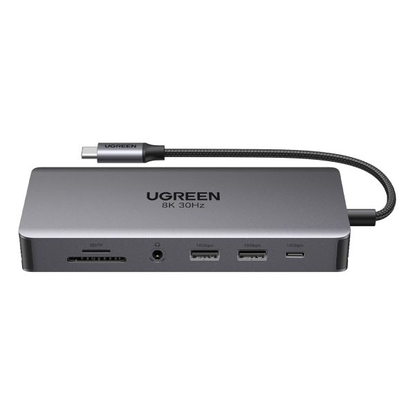 1027618-1-13w1-hub-adapter-usb-c-usb-a-usb-c-hdmi-di-ugreen-hurtownia-dropshipping.jpg 13in1 centrmezgla adapteris USB-C - USB-A / USB-C / HDMI / DisplayPort / RJ45 / SD TF / AUX / USB-C PD - pelēks