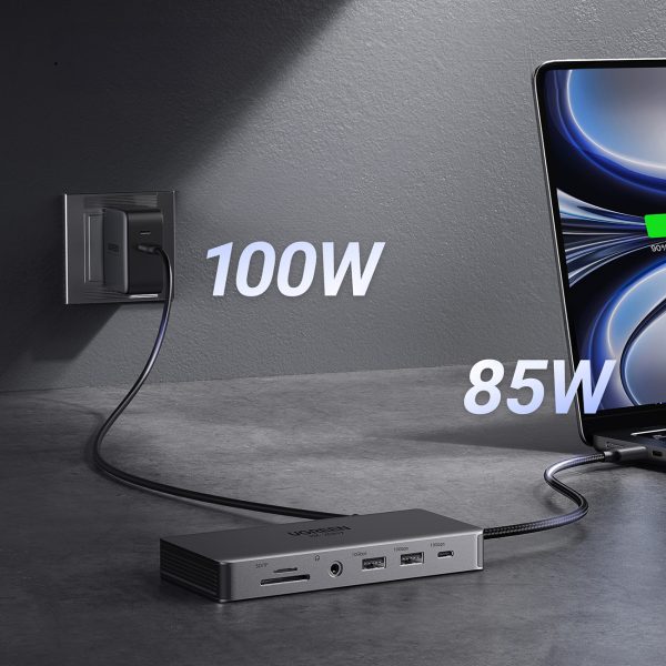 1027618-6-13w1-hub-adapter-usb-c-usb-a-usb-c-hdmi-di-ugreen-hurtownia-dropshipping.jpg 13in1 centrmezgla adapteris USB-C - USB-A / USB-C / HDMI / DisplayPort / RJ45 / SD TF / AUX / USB-C PD - pelēks