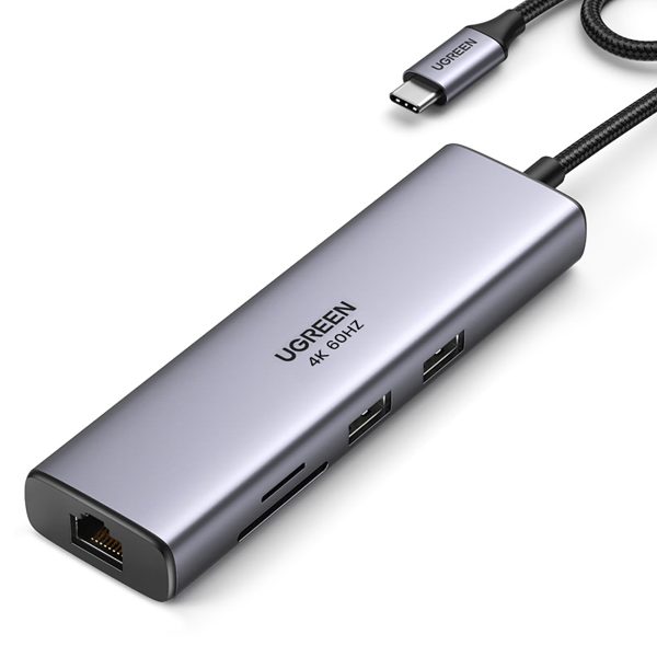 USB-C centrmezgla adapteris - USB-A / HDMI / RJ45 / SD un TF karšu lasītājs / USB-C PD 100W - pelēks