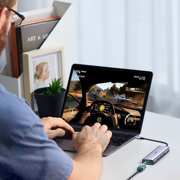 USB-C centrmezgla adapteris - USB-A / HDMI / RJ45 / SD un TF karšu lasītājs / USB-C PD 100W - pelēks