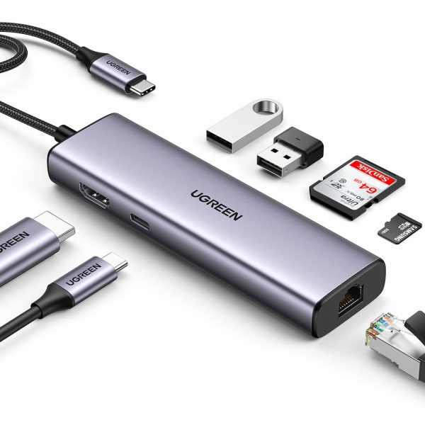 USB-C centrmezgla adapteris - USB-A / HDMI / RJ45 / SD un TF karšu lasītājs / USB-C PD 100W - pelēks