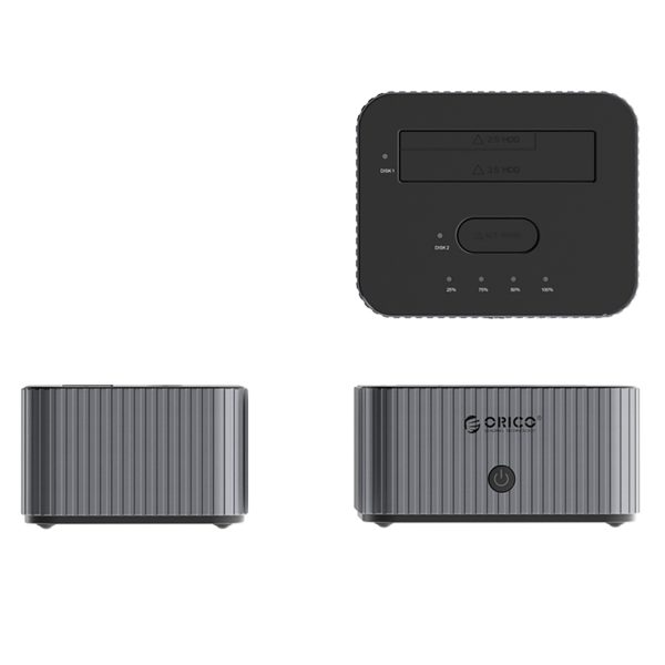 IT28E-C dokstacija ar klonēšanas funkciju 2 M.2 NVME 2,5 collu / 3,5 collu HDD / 2,5 collu SSD diskdziņiem - pelēka