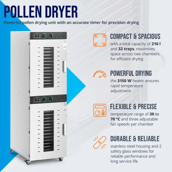 Bišu ziedputekšņu žāvētājs, 32 plaukti, 30-70C, 216 l, 3150 W