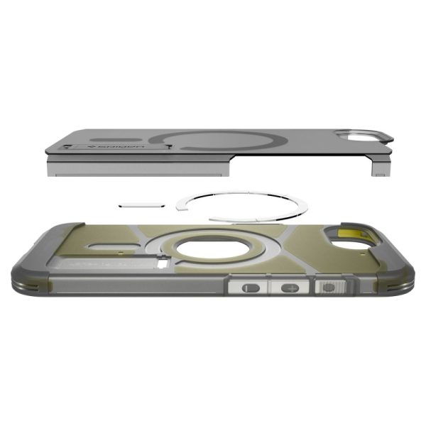 iPhone 16e aizmugurējais vāciņš ar izturīgu Armor MagSafe statīvu - caurspīdīgi pelēks