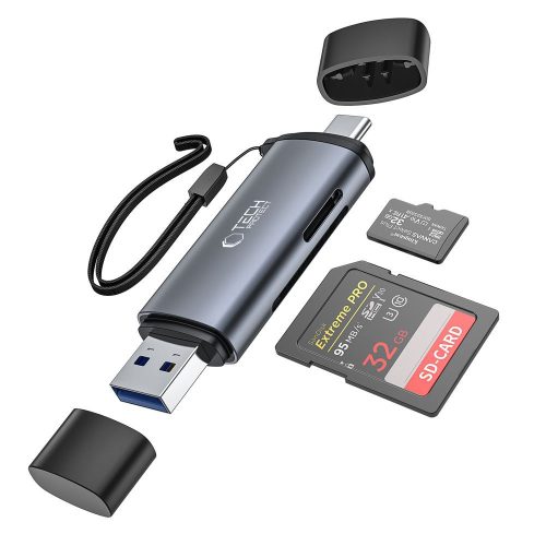 SD/micro SD atmiņas karšu lasītājs ar USB-C/USB-A savienotājiem - pelēks