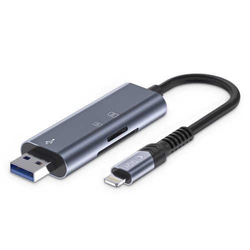 SD/Micro SD atmiņas karšu lasītājs ar iPhone Lightning/USB-A savienotāju - pelēks