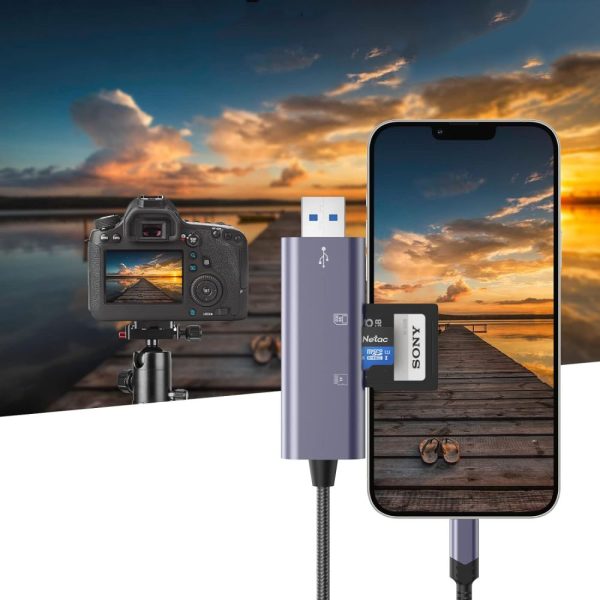 SD/Micro SD atmiņas karšu lasītājs ar iPhone Lightning/USB-A savienotāju - pelēks