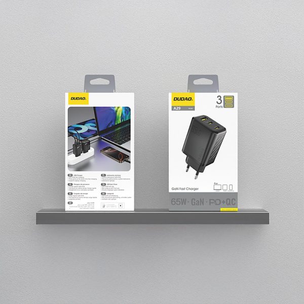 A29 GaN USB-C USB-A 65W sienas lādētājs - melns