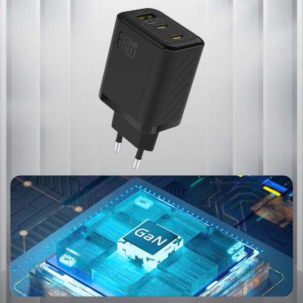A29 GaN USB-C USB-A 65W sienas lādētājs - melns