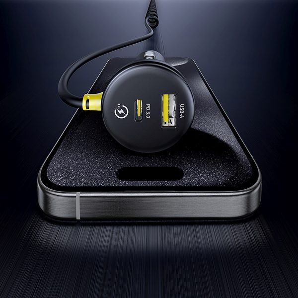 USB-A USB-C automašīnas lādētājs ar iPhone Lightning USB-C kabeli 60W 1.4m - melns