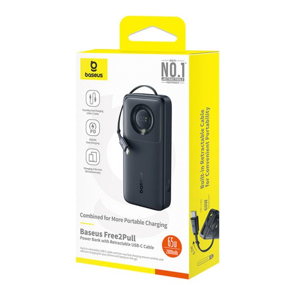 Free2Pull 20000mAh Powerbank ar ievelkamu USB-C kabeli 65W - melns