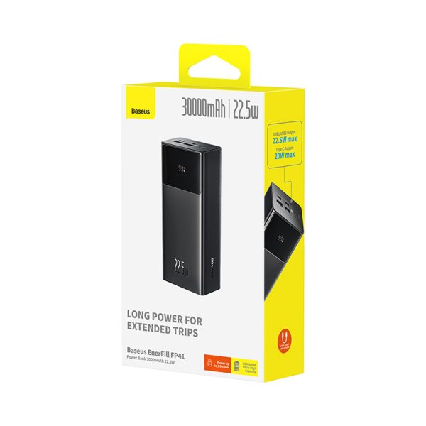 Powerbank 30000mAh 22.5W ar USB-A - USB-C 3A 30cm kabeli - melns