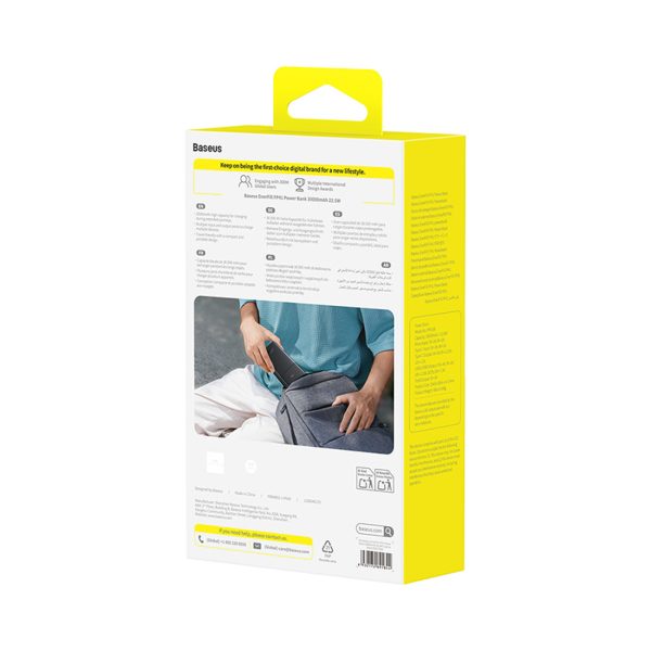 Powerbank 30000mAh 22.5W ar USB-A - USB-C 3A 30cm kabeli - melns