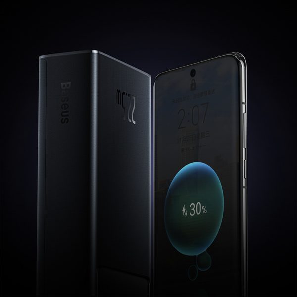 Powerbank 30000mAh 22.5W ar USB-A - USB-C 3A 30cm kabeli - melns