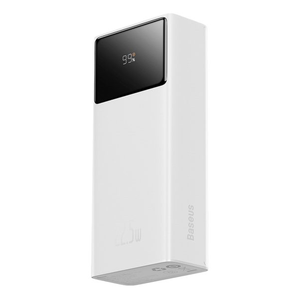 Powerbank 30000mAh 22.5W ar USB-A - USB-C 3A kabeli 30cm - balts