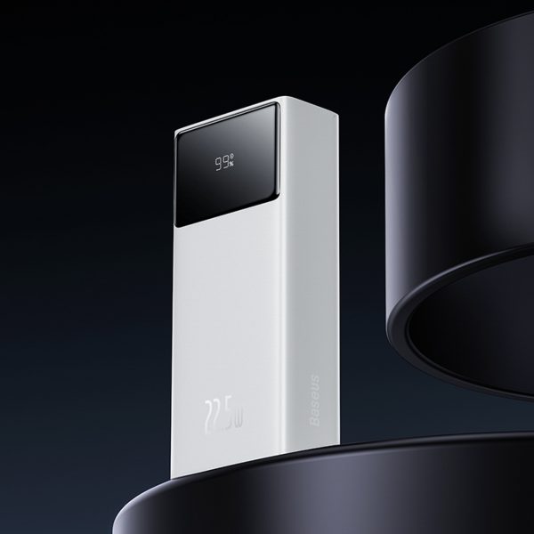 Powerbank 30000mAh 22.5W ar USB-A - USB-C 3A kabeli 30cm - balts