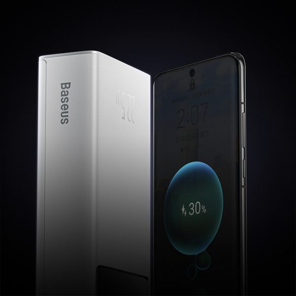 Powerbank 30000mAh 22.5W ar USB-A - USB-C 3A kabeli 30cm - balts