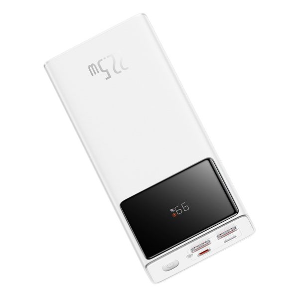 Powerbank 30000mAh 22.5W ar USB-A - USB-C 3A kabeli 30cm - balts