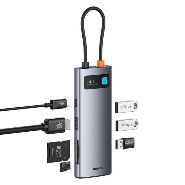 7in1 centrmezgla adapteris metāla spīdumam USB-C HDMI USB-A USB-C PD SD microSD - pelēks