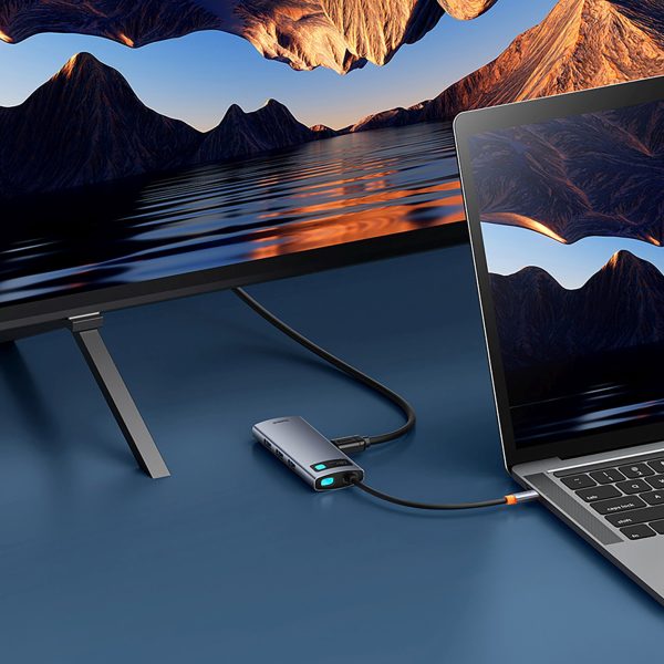 7in1 centrmezgla adapteris metāla spīdumam USB-C HDMI USB-A USB-C PD SD microSD - pelēks