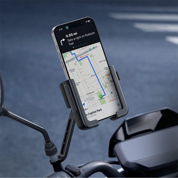 Motocikla telefona turētājs ar triecienus absorbējošu kronšteinu spogulim - melns