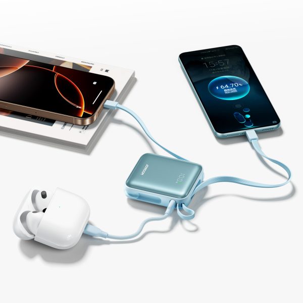 Powerbank 10000mAh 22.5W ar iebūvētiem vadiem - zils