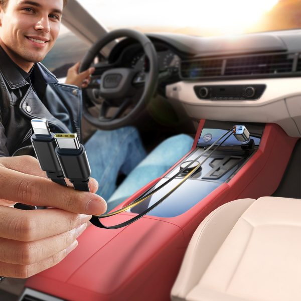 4-in-1 automašīnas lādētājs ar ievelkamiem kabeļiem USB-A USB-C 30W - tumši pelēks