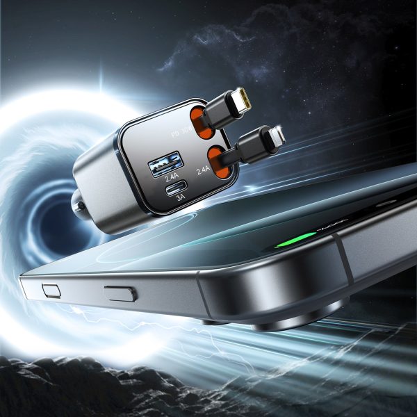 4-in-1 automašīnas lādētājs ar ievelkamiem kabeļiem USB-A USB-C 30W - tumši pelēks