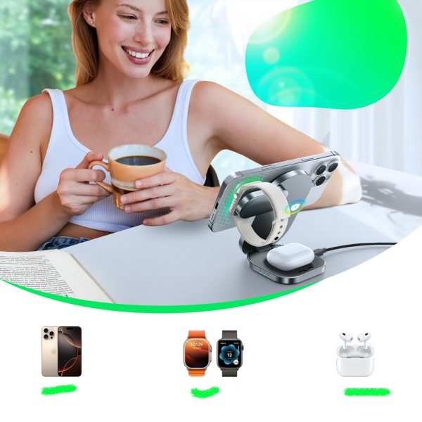 3-in-1 bezvadu induktīvais lādētājs tālrunim, pulkstenim, austiņām, Qi 15W - melns