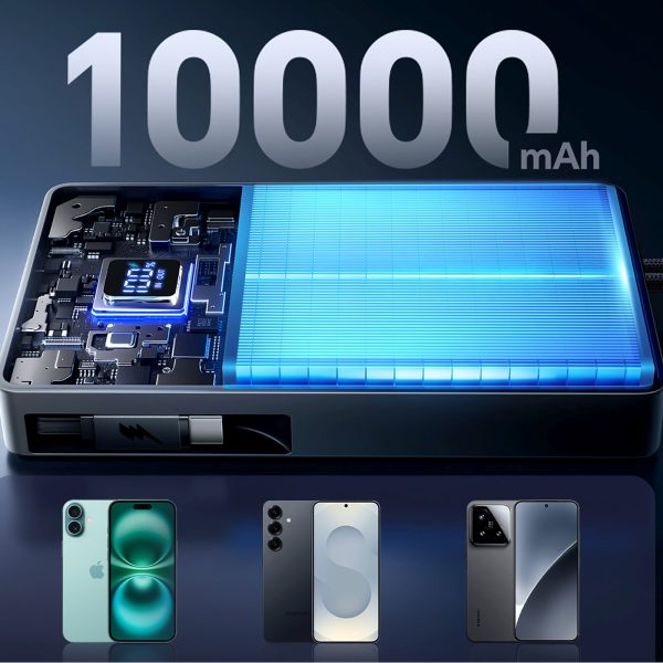 Powerbank 10000mAh 22.5W ar ievelkamu USB-C kabeli - melns