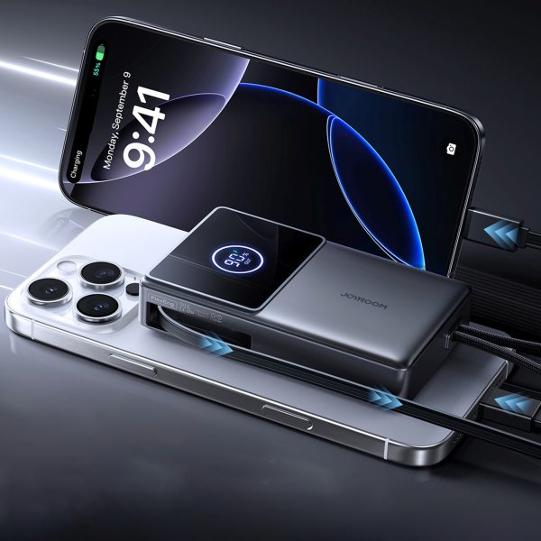 Powerbank 10000mAh 22.5W ar ievelkamu USB-C kabeli - melns