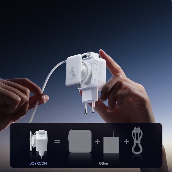 GaN sienas lādētājs ar kabeļu organizētāju 45W - balts