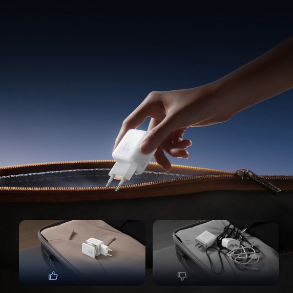 GaN sienas lādētājs ar kabeļu organizētāju 45W - balts