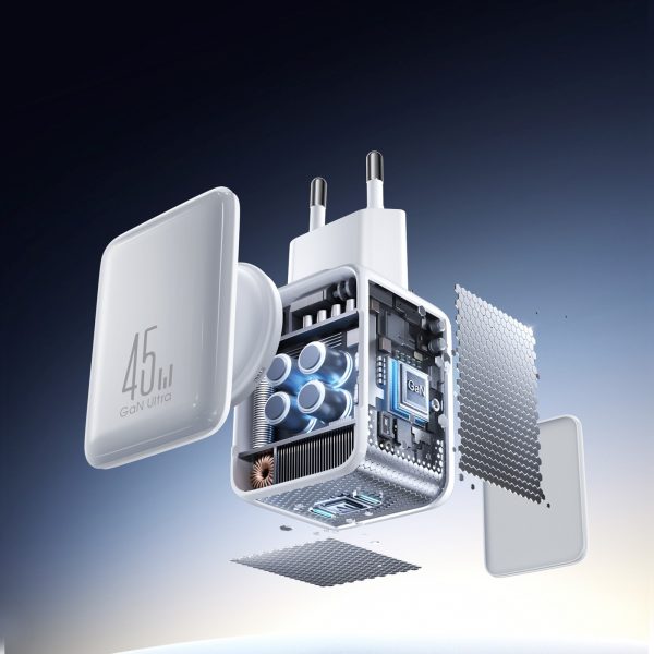 GaN sienas lādētājs ar kabeļu organizētāju 45W - balts