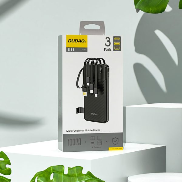 K11 10000mAh Powerbank ar iebūvētiem vadiem - melns