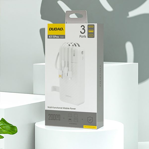 K11 Pro 20000mAh Powerbank ar iebūvētiem vadiem - balts