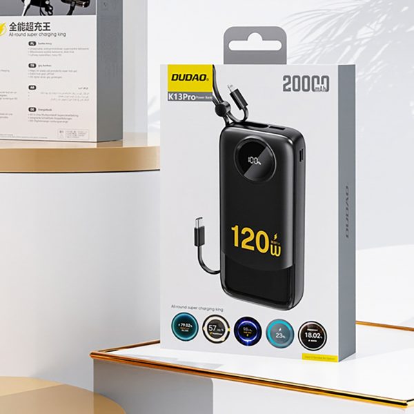 K13 10000mAh ārējais akumulators ar iebūvētu kabeli - melns