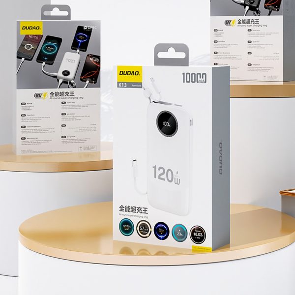 K13 Pro 20000mAh Powerbank ar iebūvētu kabeli - balts