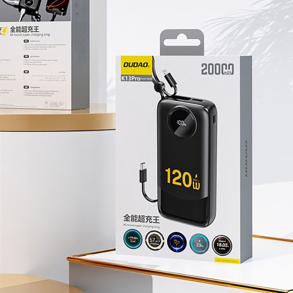 K13 Pro 20000mAh Powerbank ar iebūvētu kabeli - melns