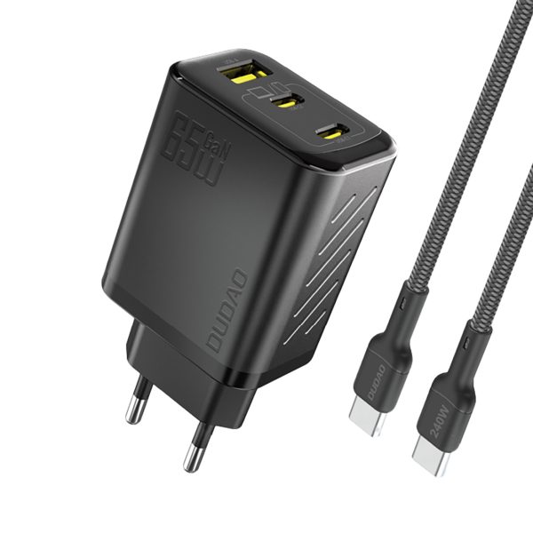 GaN sienas lādētājs ar USB-C kabeli 1m 65W - melns